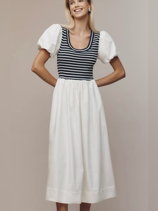 Maeve Dresses & Skirts - Maeve Puff-Sleeve Striped Poplin Midi Dress Navy and White
